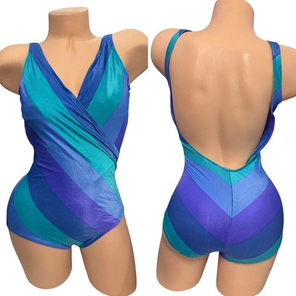 JANTZEN Classics Turquoise Sz 12 Vintage Bathing Retro Swimsuit 80’s‎ Shiny Wet
